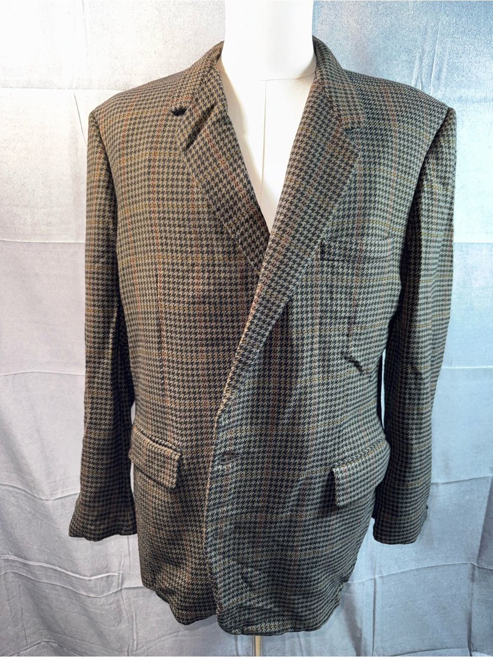 28A-Vintage Tom James Men's Houndstooth Blazer Jacket in Brown